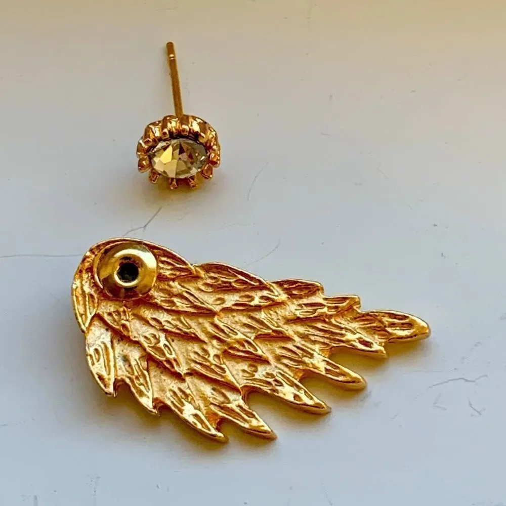 Angel Wings Stud Earrings in Gold Tone with Faux Diamond Crystals